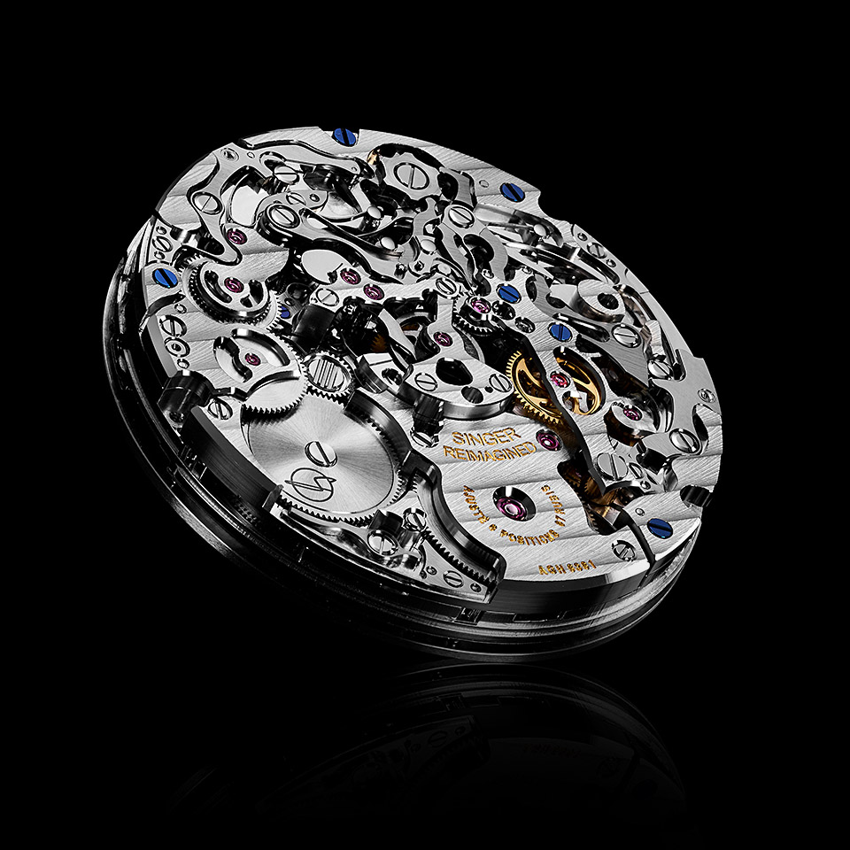 central chronograph caliber on black backgrounders